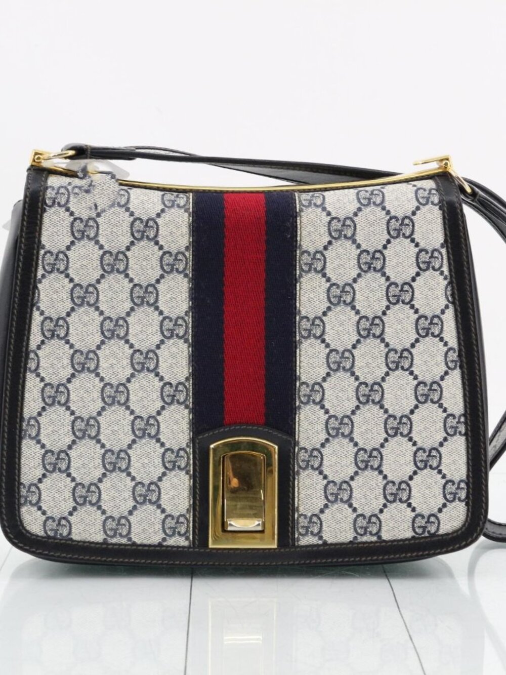 Gucci Vintage Sherry Shoulder Bag Monogram Canvas with Red and Navy Stripe